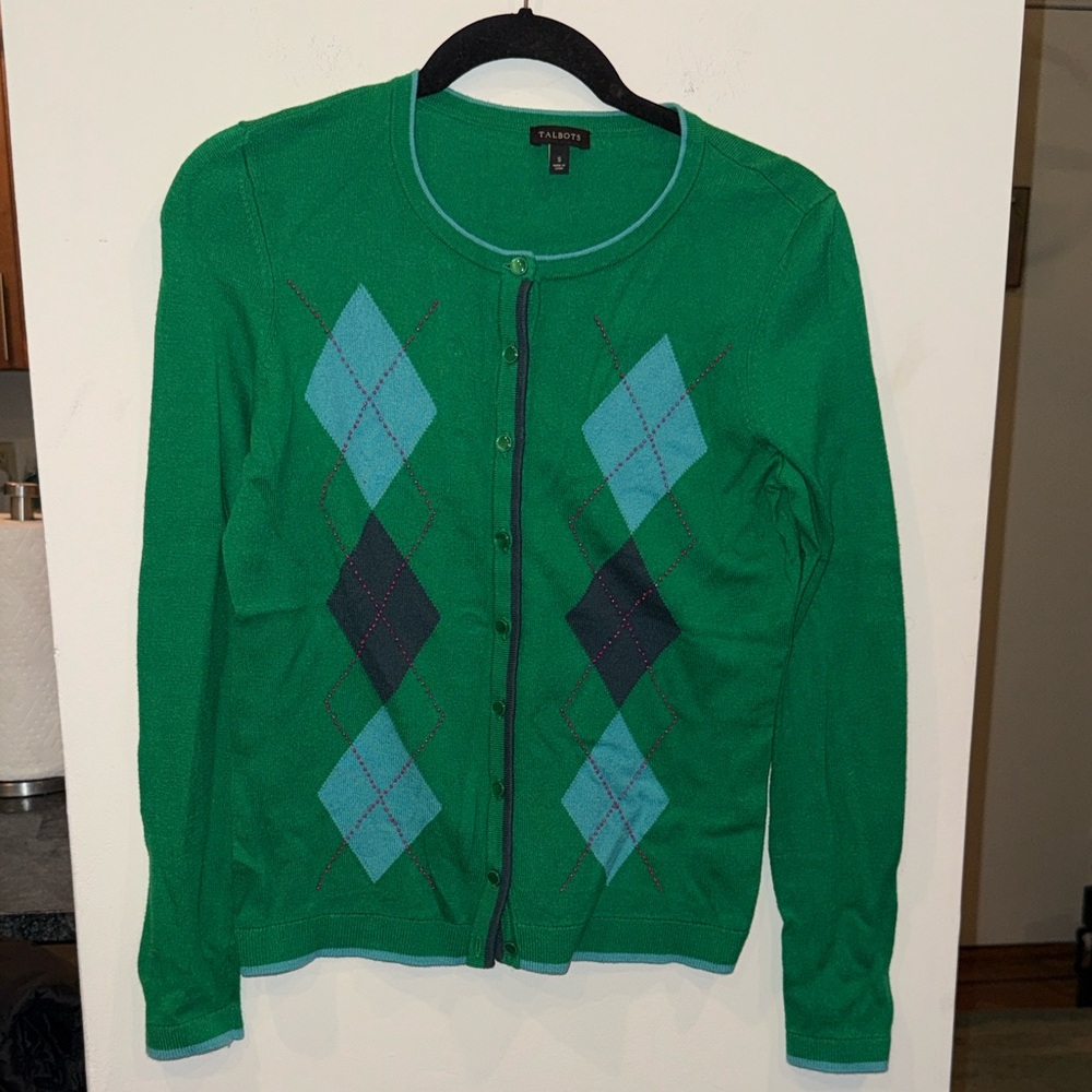 Talbots Green light weight Cardigan Blue Argyle pink beaded detail SM
